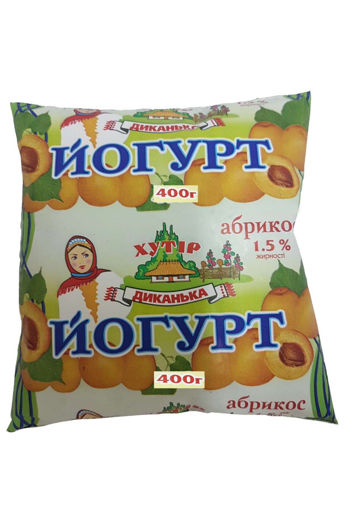 Йогурт питний пастеризований нетермізований з плодово-ягідним наповнювачем «Абрикос» 1.5% жирності, ТМ «Хутір Диканька», 400 г поліетиленова упаковка